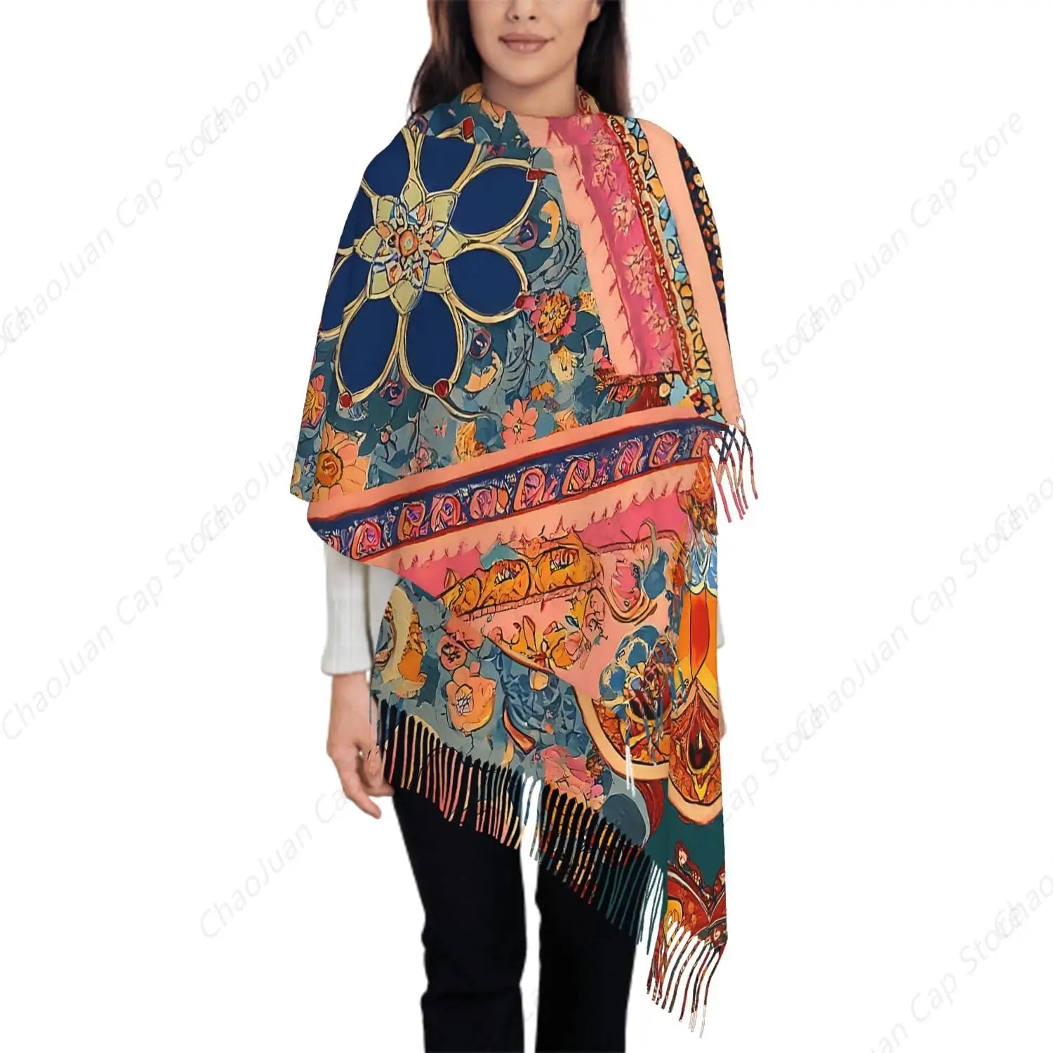 

Oversize Scarf for Women Floral Flower Mandala Tribal Ethnic Orange Scarf Tassel Scarves Fall Winter Shawl Wraps