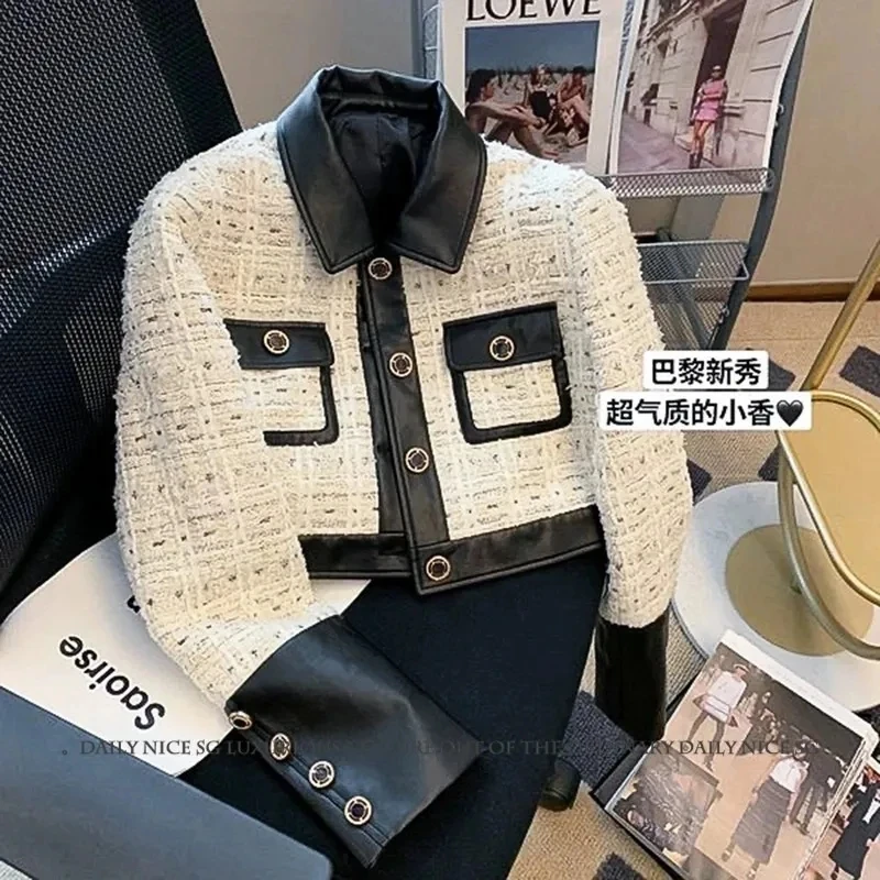 Contrast Small Fragrant Tweed Leather Stitching Coat Female 2024 Spring Autumn New French Slim White Short Jacket Women's Tops