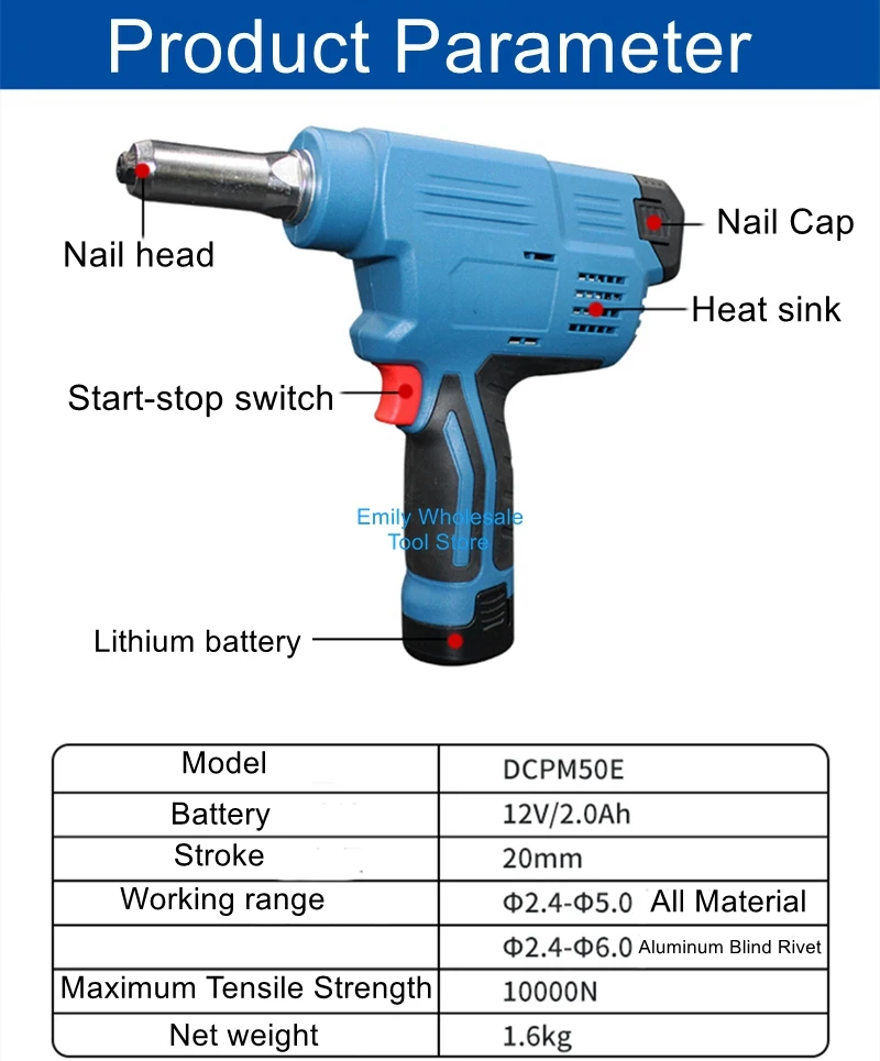 DCPM50E Electric Rivet Gun 12V Rechargeable Riveting Machine Automatic core extraction