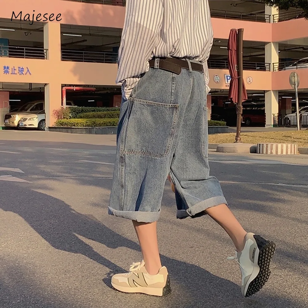 Shorts Men Baggy Simple Harajuku Denim Large Pockets Vintage High Waist Wide Leg Students Chic Slouchy Korean Style New Arrival