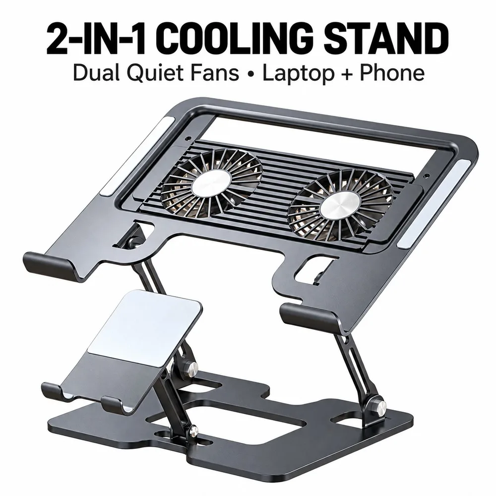 2-in-1 Adjustable Laptop Stand with Dual Quiet Fans, Foldable Carbon Steel Cooling Riser and Phone Holder for Gaming Office