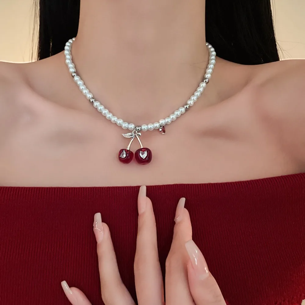 

Exquisite Heart Cherry Jewelry Set Pendant Vintage Cherry Necklace Chic Elegant Crystal Ear Studs Gift