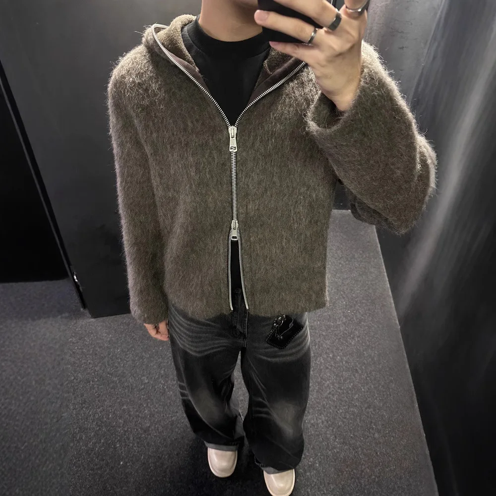 American Style Zipper Hoodie Men's Open Cardigan Wide Fit Couple Knitwear Casual Loose  Wool Pullovers