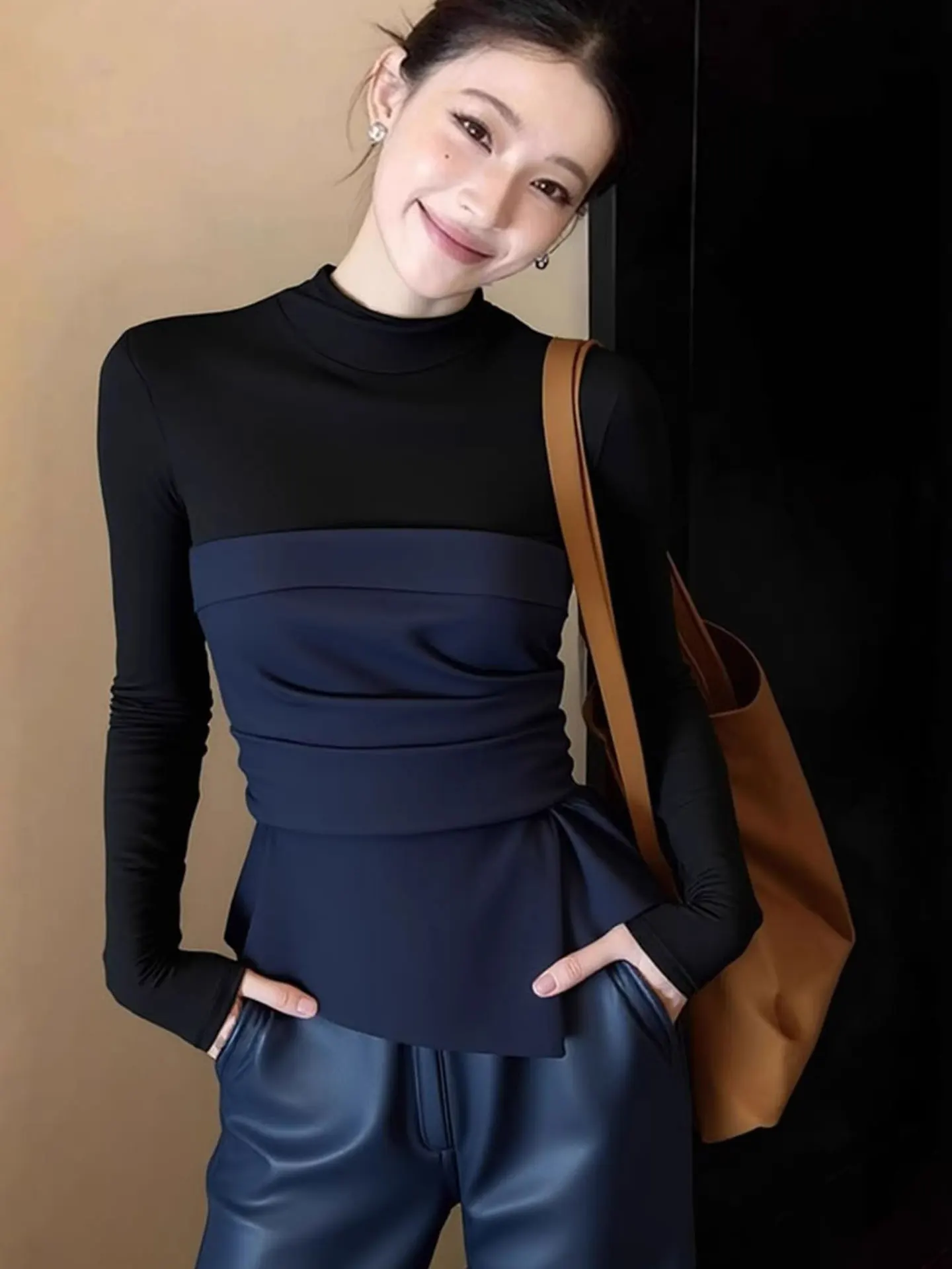 

Slimming Long Sve Base irt Women's High Waist T-irt Color Blo Design Spring Faionable Korean Sle Silk Top