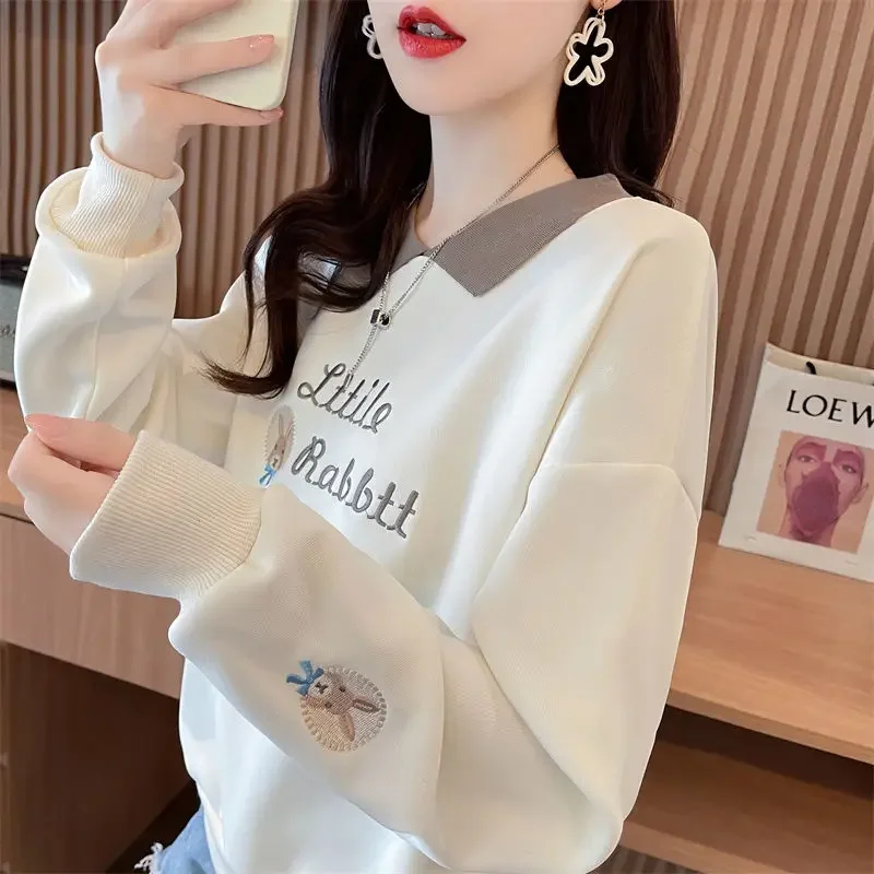 ผู้หญิงฤดูใบไม้ผลิฤดูใบไม้ร่วง Pulloverturn-Down COLLAR การ์ตูนปักโคมไฟแขนยาว Hoodies Office Lady เสื้อแฟชั่น