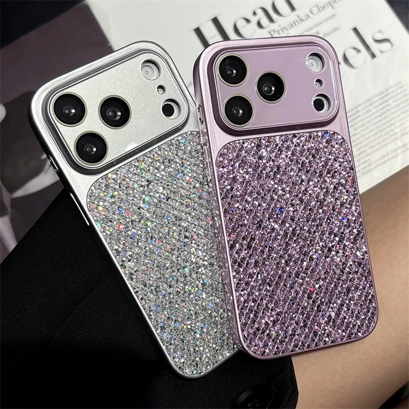 Modische Glitzer-Diamant-Gitter-Pailletten Große Fenster-Kameralinsen-Schutzhülle für iPhone 17 16 15 14 13 Pro Max Stoßfeste Abdeckung