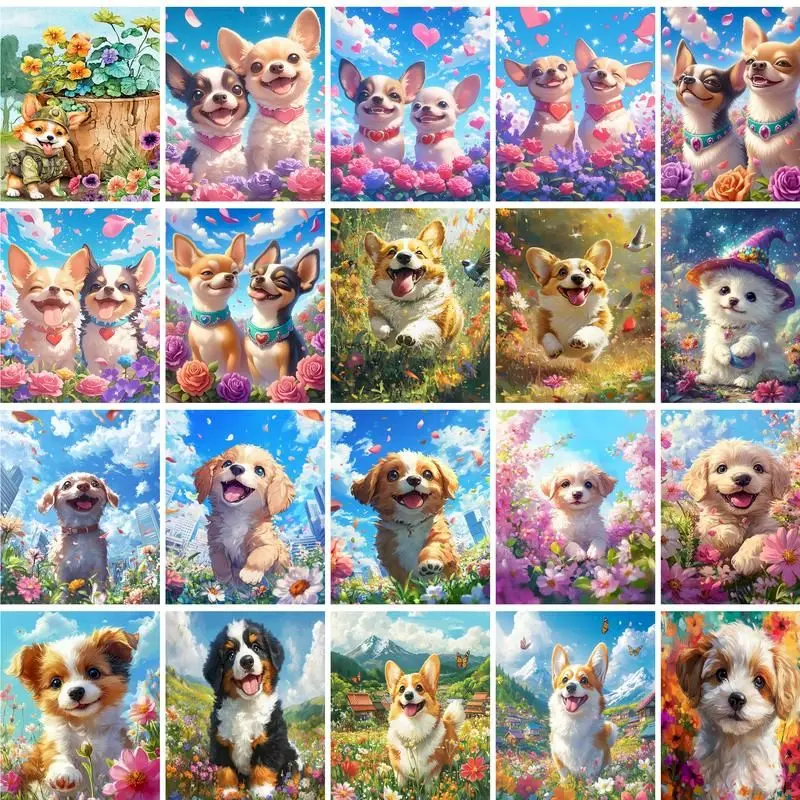 GATYZTORY DIY Ölgemälde nach Zahlen Hunde Tier Leinwand Malen Kit für Erwachsene Malen nach Zahlen Blume Zuhause Schlafzimmer