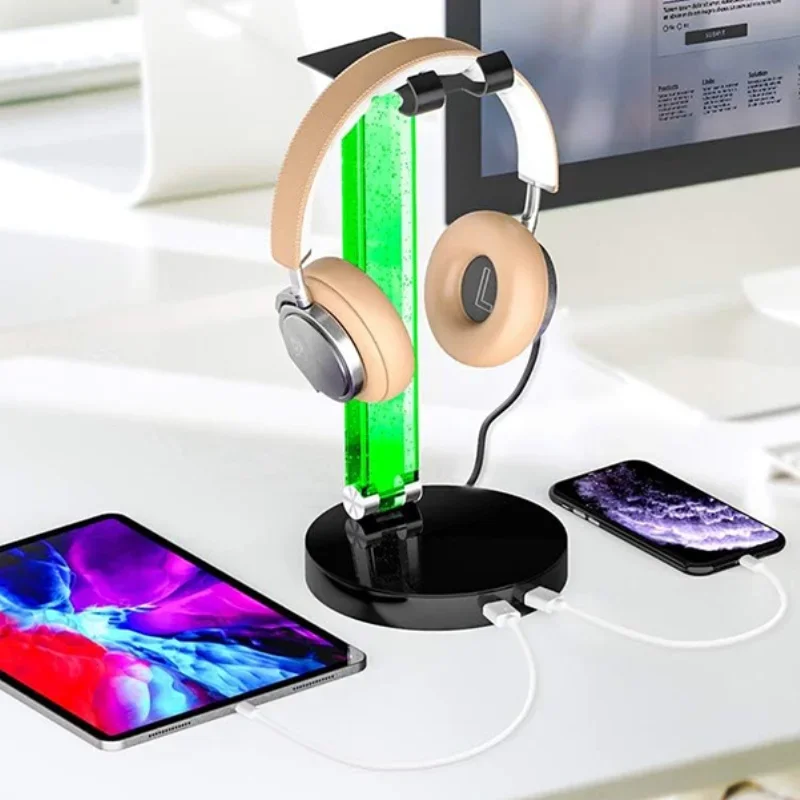 Desktop Headset Holder RGB Gaming Headset Stand LED Light Head Mounted USB Port Headphones Stand Holder for Universal Headphone