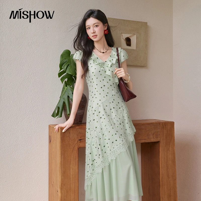 MISHOW Women's Light Green Polka Dot Midi Dress Summer V Neck Ruffle Irregular Lace Splice Slim Elegant Long Dresses MXF30L2836