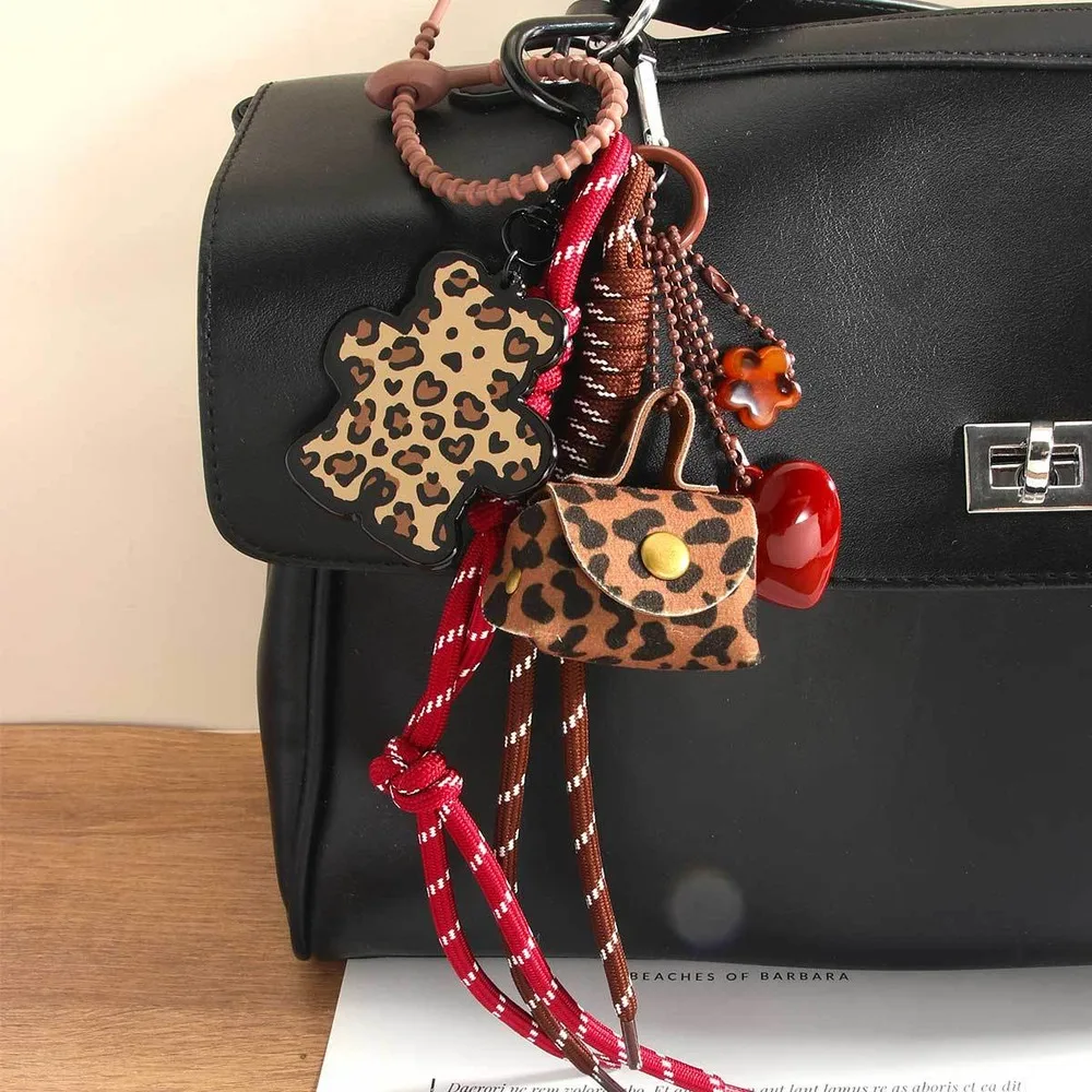 Leopard Print Bag Charm Keychain Multi Charm Rope Tassel Heart Mini Purse Pendant Clip On Handbag Purse Decoration Gift For Her