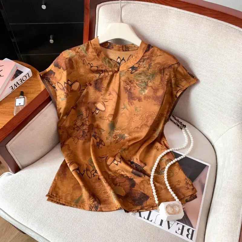 

Традиционный воротник-стойка Qipao, женская элегантная рубашка с коротким рукавом Chesongam, костюм Hanfu с принтом, новые летние топы Hanfu Qipao