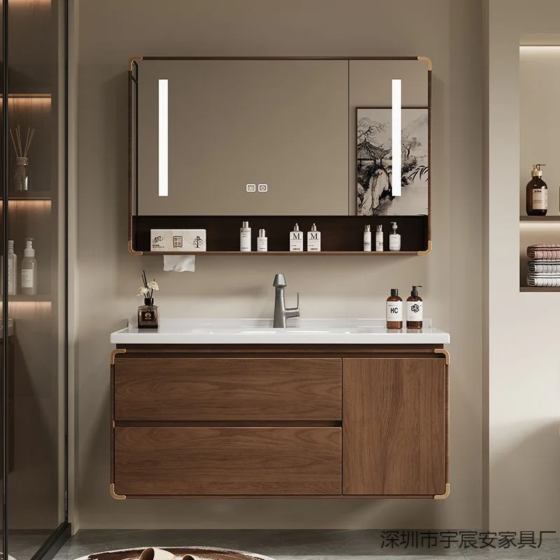 

Oak Bathroom Cabinet Ceramic Integrated Basin Organizer Storage Mirror Space Saver Drawers Bathroom Cabinet Home Furniture