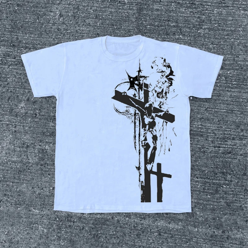 

European and American Style 2025 Y2K Top 90s Retro Cross Print Pattern KawaiiEmo Girls' Baby Street Punk Gothic Harajuku T-shirt