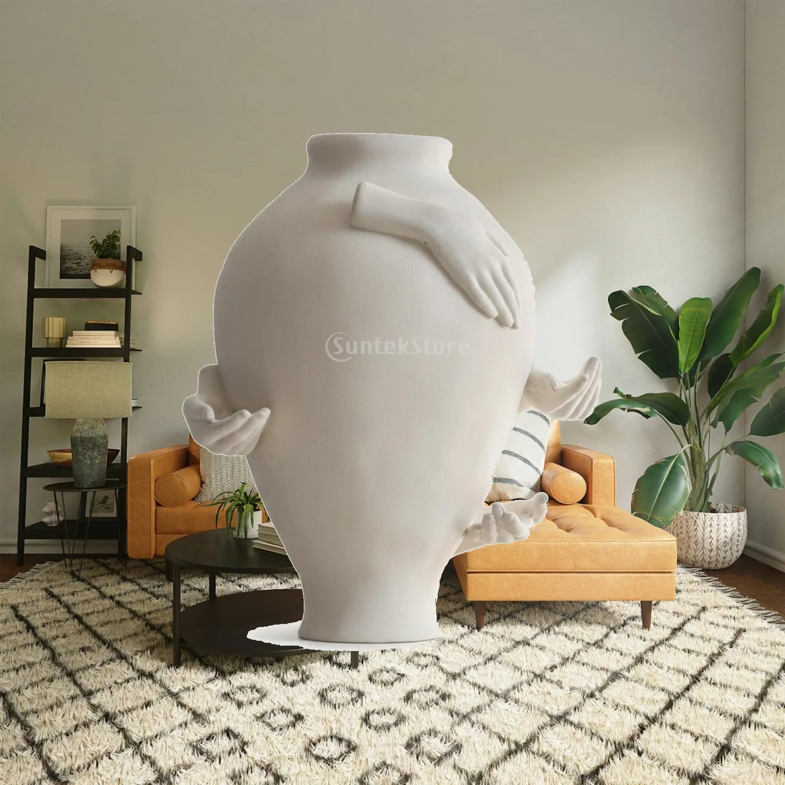 Unique Abstract Vase with Hand Figures Matte Beige Finish Decorative Sculpture for Dried Flowers Contemporary Tabletop Art Piece
