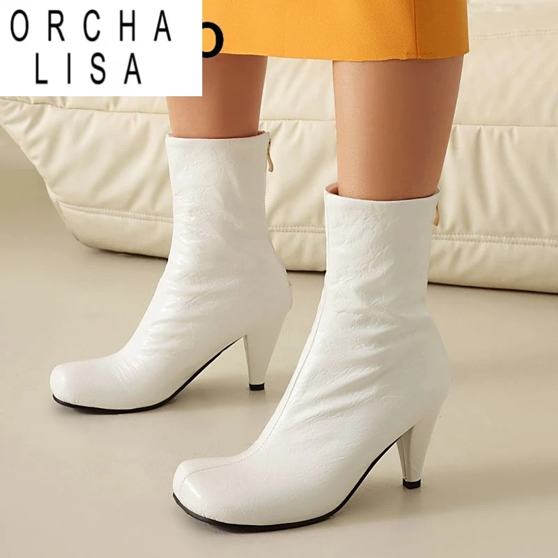 

ORCHA LISA 2025 Эластичные ботинки для женщин с круглым носком и блочным каблуком 8 см на молнии Маленький каблук 41 42 43 Модные женские ботинки до середины икры для свиданий