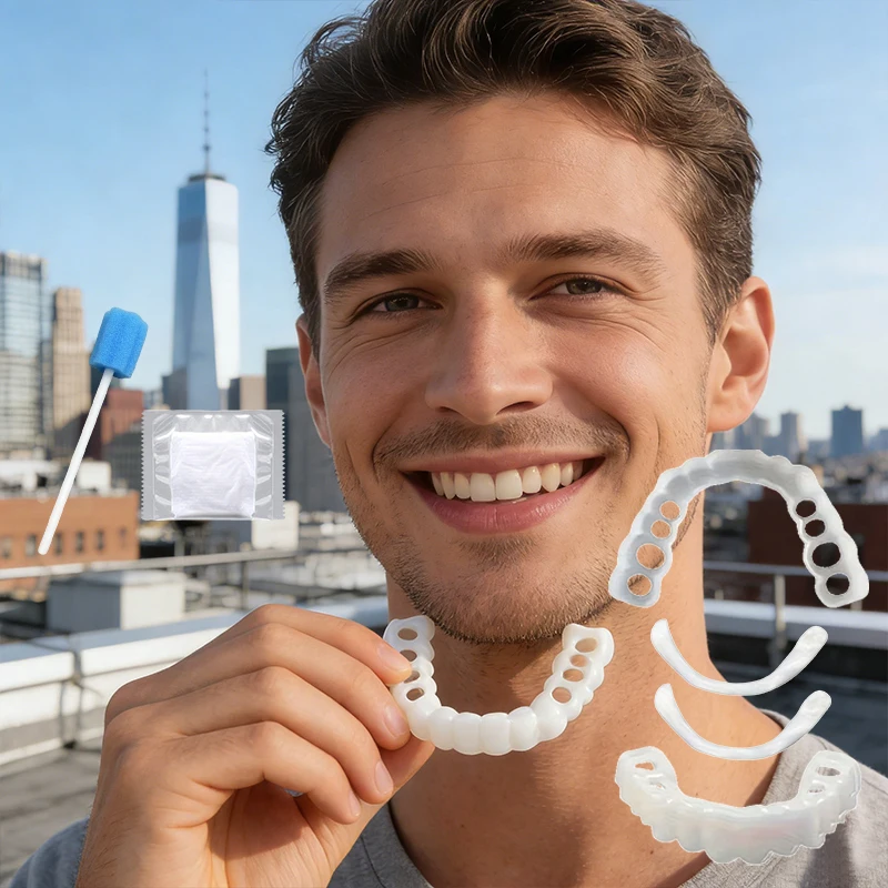 Pop 1set Best Sellers White Adjustable Upper Lower Dentures, Comfort Fit Natural Smile Fake Teeth for Men Women CK848
