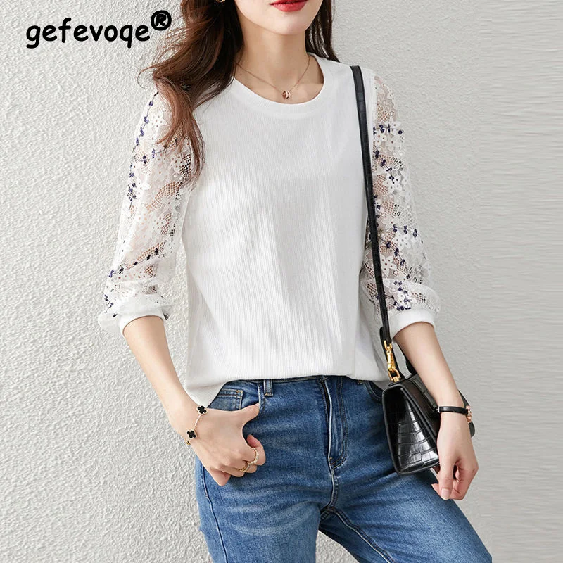 

Spring Summer Fashion Elegant Chic Sweet Embroidery Lace Three Quarter Sleeve White Top Female Women Casual Slim Street T-shirts