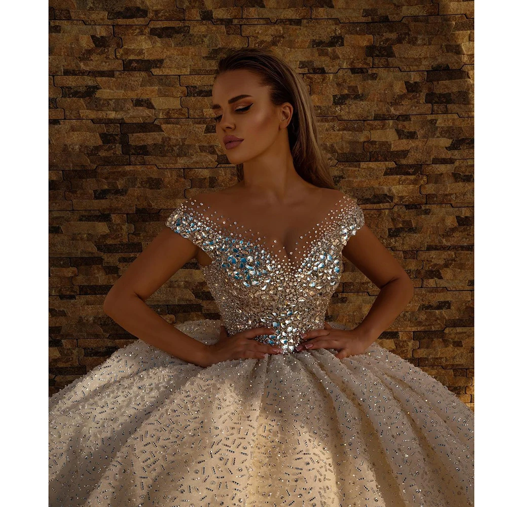 STEVDITG-Robe de Mariée Luxueuse avec Bretelles, Col en V, Paillettes en Clip, Balayage, Traîne, Bal, Élégante, Personnalisée