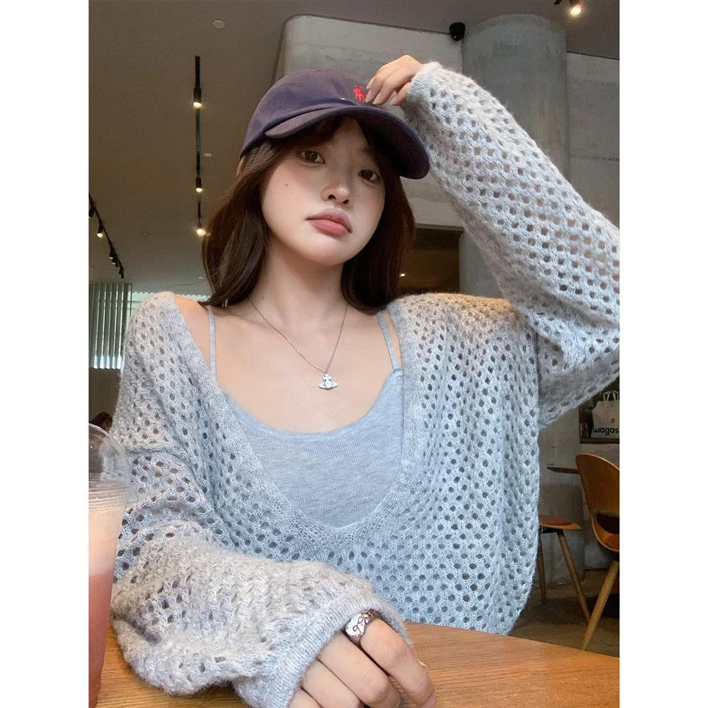 Gray V-Neck Hollow out Knitted Cover up Set Women's Casual Loose Slimming Top Two-Piece Suit Autumn 2025 New Style