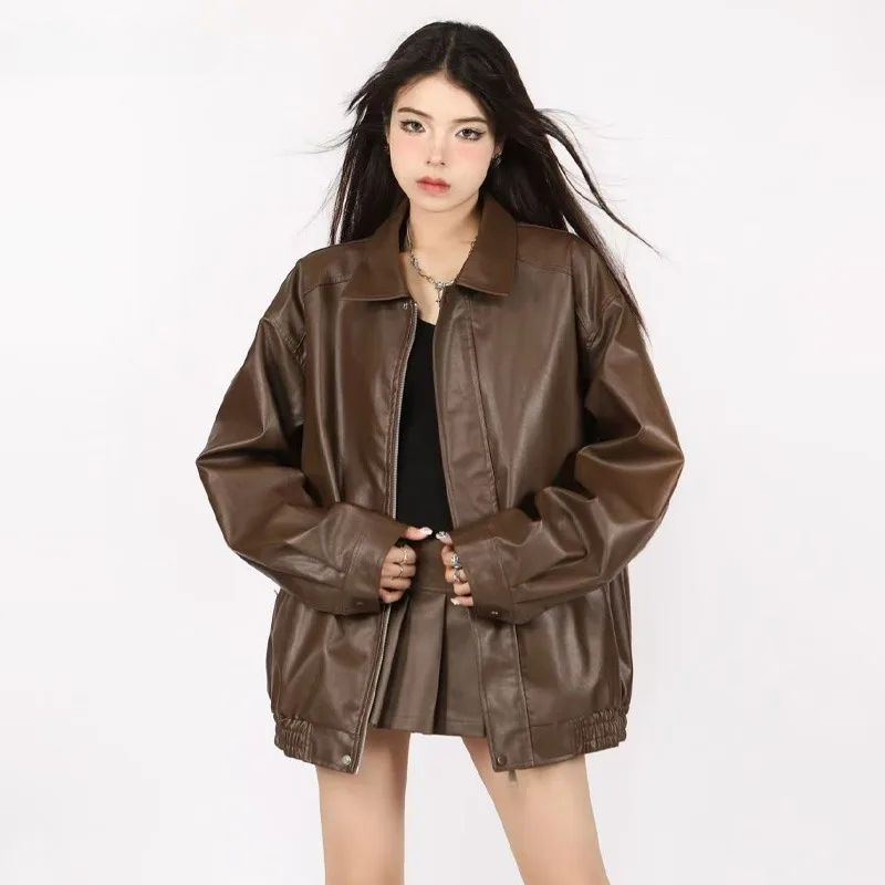 2024 frauen Faux Leder Jacke Amerikanischen Vintage Einfarbig Pu Lose Beiläufige Vielseitige Outwear Highstreet Streetwear Mäntel Weibliche