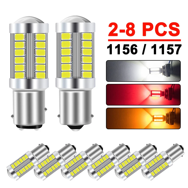 2/4/8 P21W 1156 BA15S Turn Signal Light 1157 BAY15D LED Bulbs Car Reverse Parking Backup Lights 12V 33SMD 6500K White Red Yellow