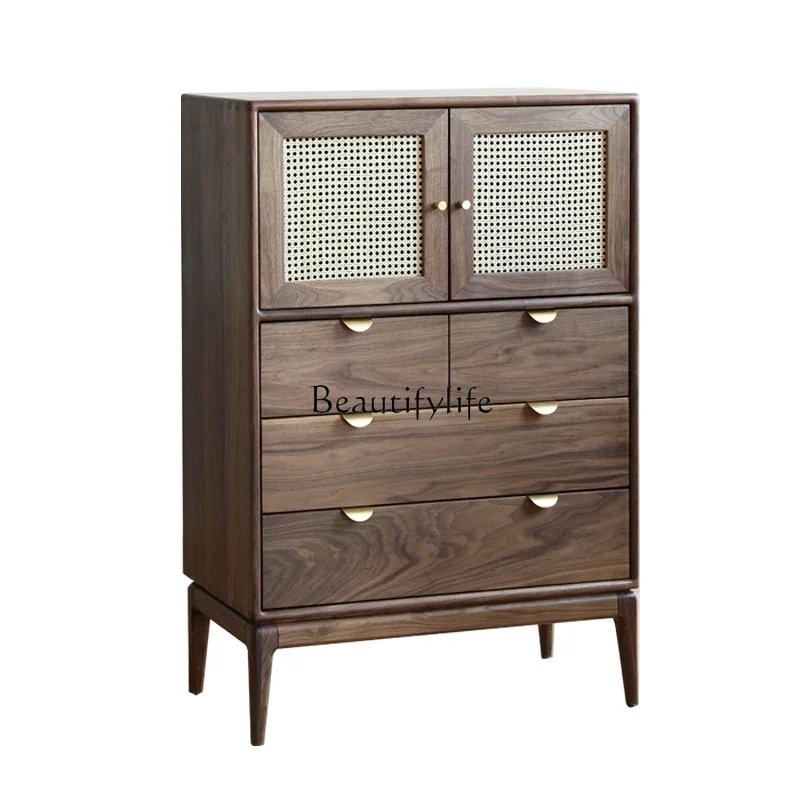

FGAmerican bedroom high chest cabinet solid wood rattan door dining side cabinet Nordic retro simple storage living room drawer
