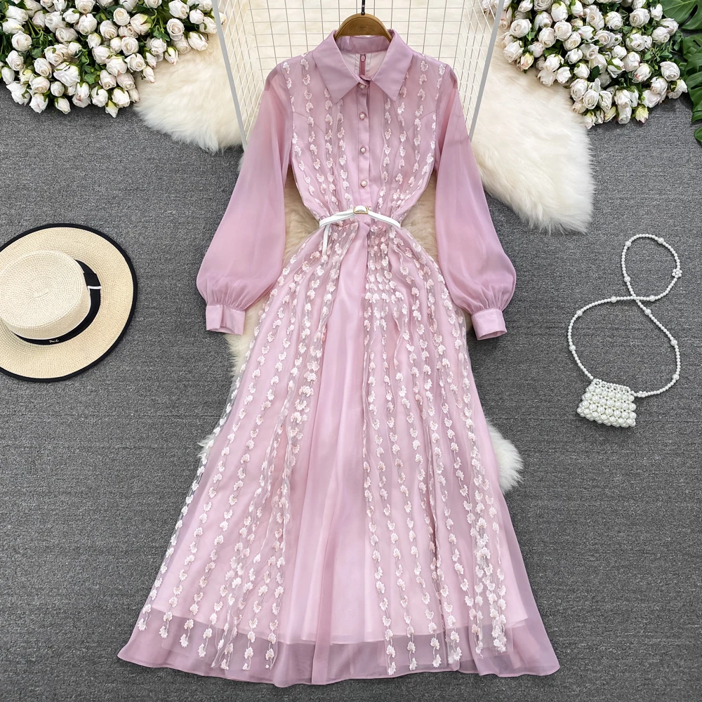 

2023New Elegant Spring Summer Single Brested Shirt Dress Women Lapel Flower Embroidery Mesh Patchwork Chiffon Belt Party Dresses