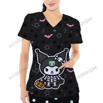 2024 여름 만화 패턴 인쇄 티셔츠 v 넥 더블 포켓 디자인 캐주얼 여성 간호사 유니폼 Y2k 스타일 여성 티셔츠