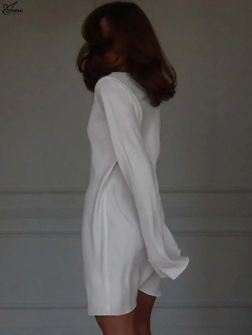 Oymimi Fashion White O-Neck Dresses For Women Elegant Long Sleeve Loose Simple Dresses Casual New Straight Mini Dress Streetwear