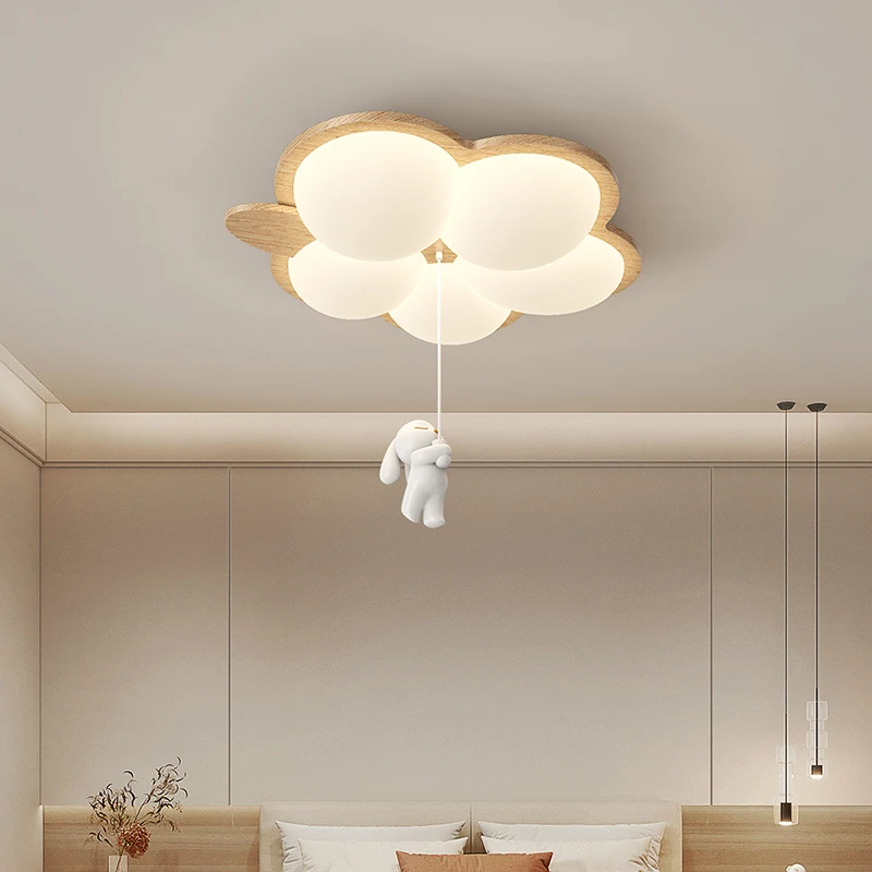 Cream Style Bedroom Ceiling Light Children's Room Light Retro Walnut Wood Color Creative Cartoon Rabbit Warm Eye Protection Lamp