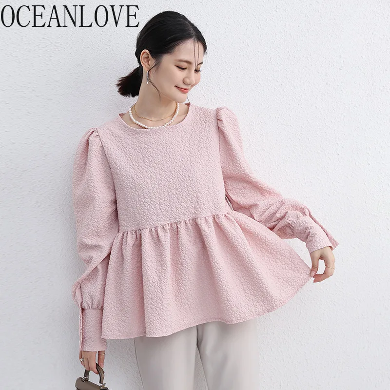 OCEANLOVE Japanese Style Solid Women Blouses Puff Sleeve Autumn Winter Sweet Retro Blusas Mujer Loose Ruffles Elegant Shirts