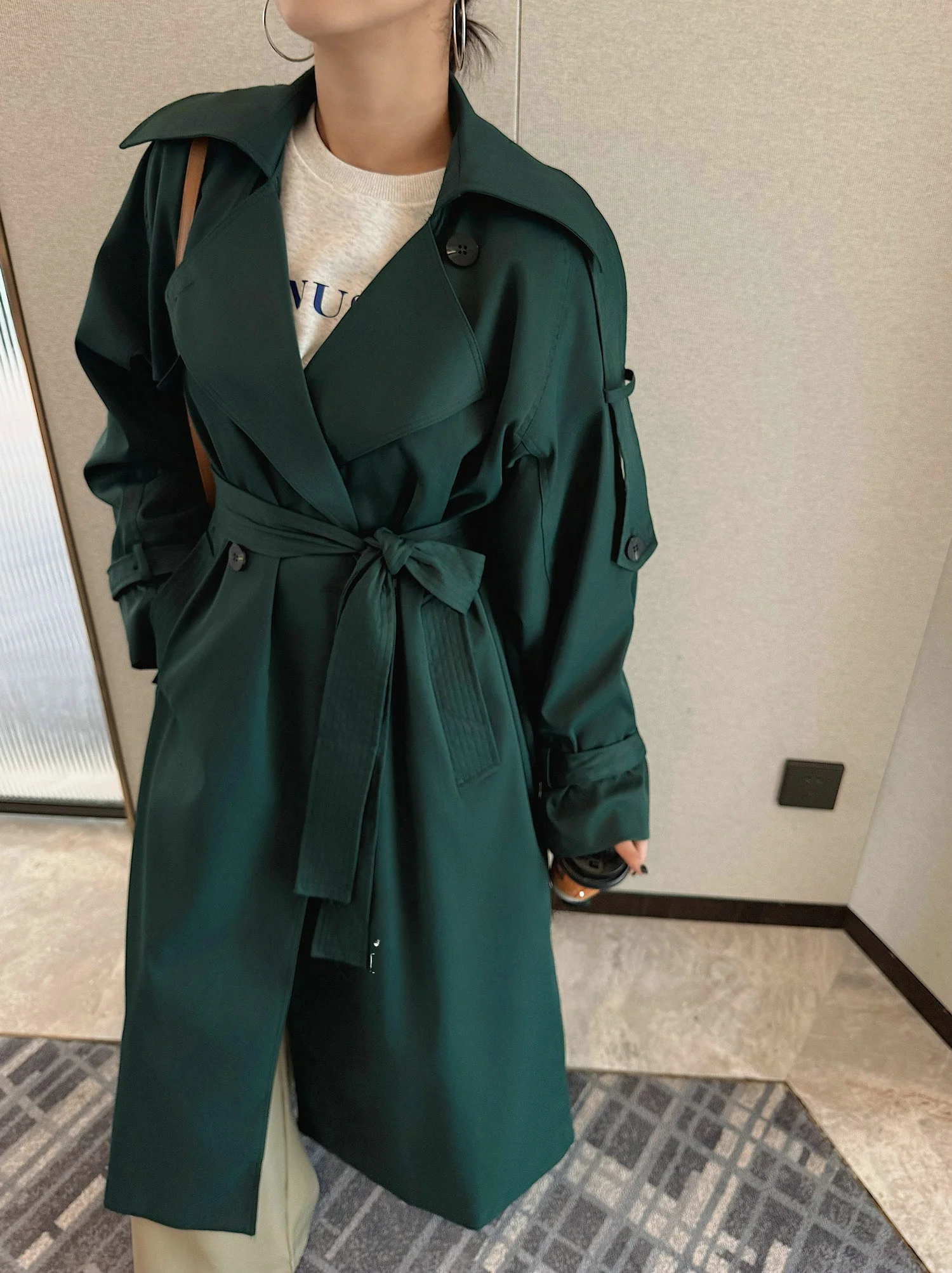 

Ele Midi Length Windbreaker Jaet Women's New Sle Loose Fit Waist-Cinching Opaque Polyester Fiber Long Sve Coat