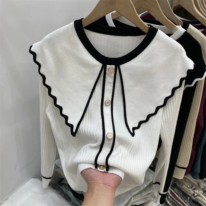 

Sweet Lotus Leaf Collar Knitted Sweater, 2024 Autumn New Item, Slimming And Versatile, Stylish Top, Internet Famous Long Sleeved