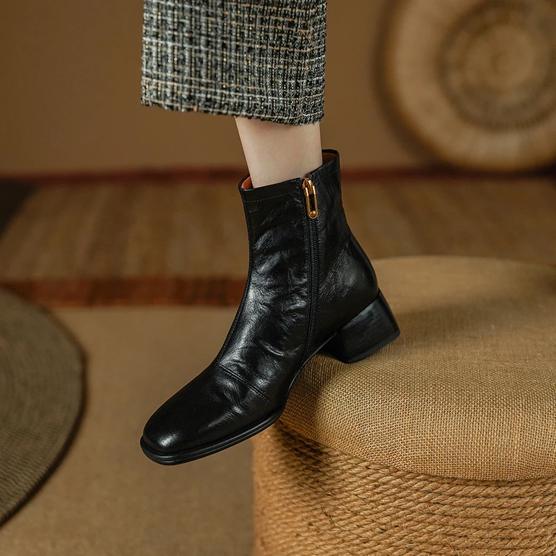 2024 New Winter Round Toe Women Boots Chunky Heel Women Shoes Retro Western Boots Ankle Boots Genuine Leather Chelsea Shoes