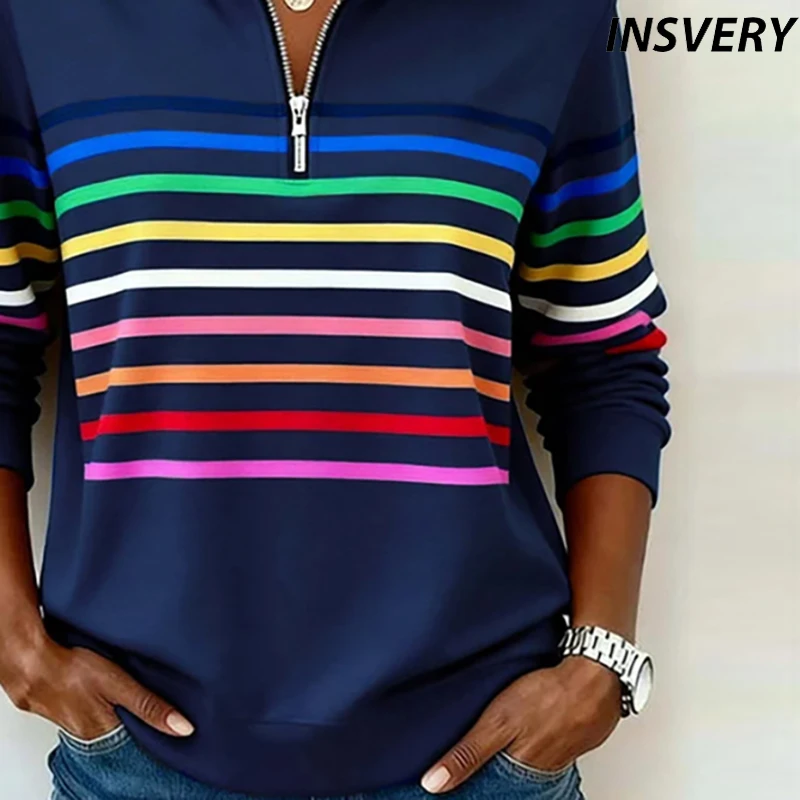 Nieuwe herfst winter gestreepte regenboog bedrukte sweatshirt dames casual lange mouw rits blouse damesmode trui shirt