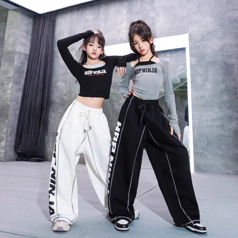 Schwarz Grau Crop Tops Mode Hosen Hip-Hop Performance Kleidung Sets Teenager Kinder Street Dance Outfits Jazz Dance Kostüm