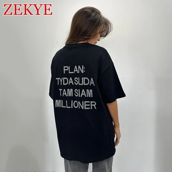 Zekye Strass Brief Casual Tee Shirt Oversize Körper Freund Stil Koreanische O Neck Sommer T Shirt Frauen Streetwear Harajuku Tops