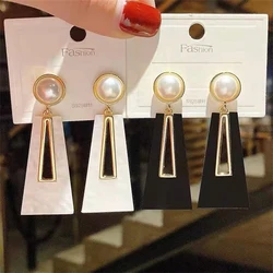 Black White Trapezoid Women's Hanging Earrings Hollow Geometric Statement Dangle Earrings Korean Fashion Girls Ear Jewelry