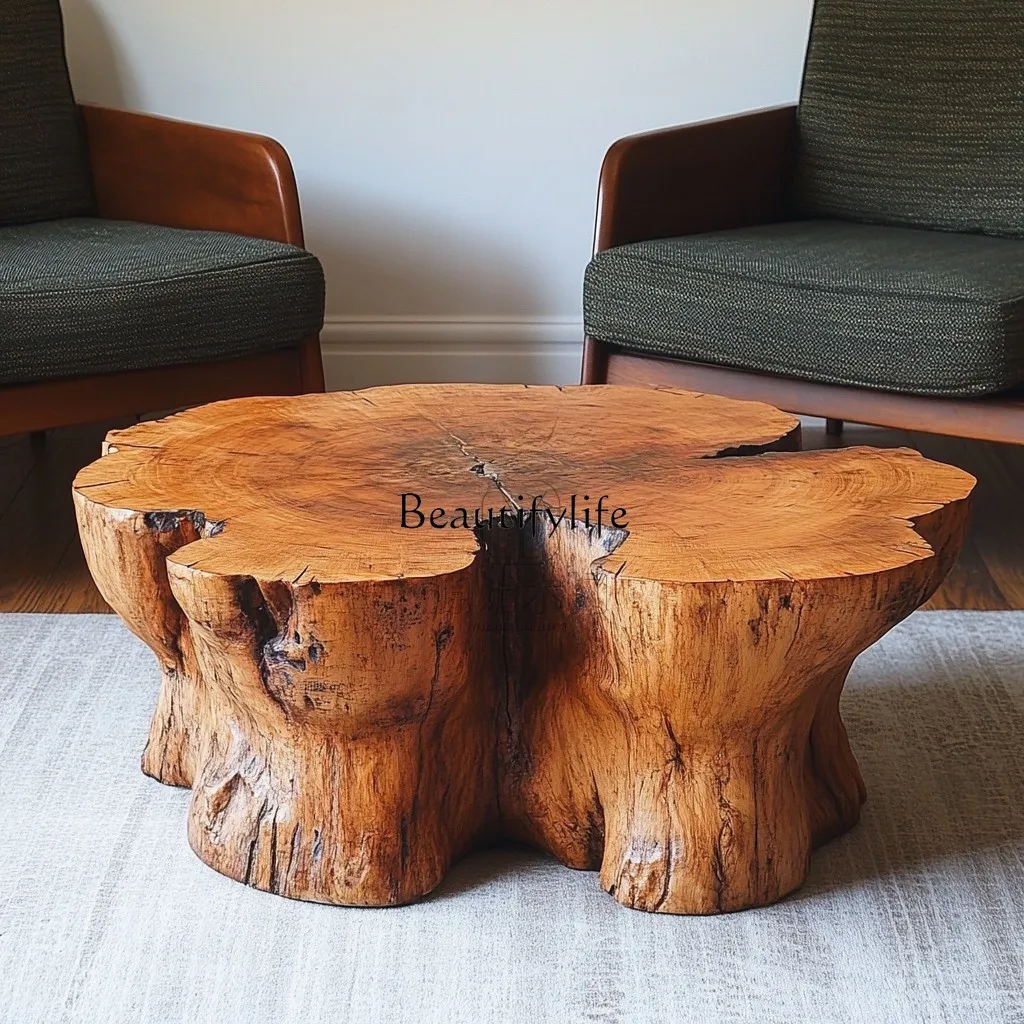 

Wabi-Sabi Style Solid Wood Coffee Table Tree Stump Living Room Round Low Table Home Use Natural Wood Color Japanese Tea Table