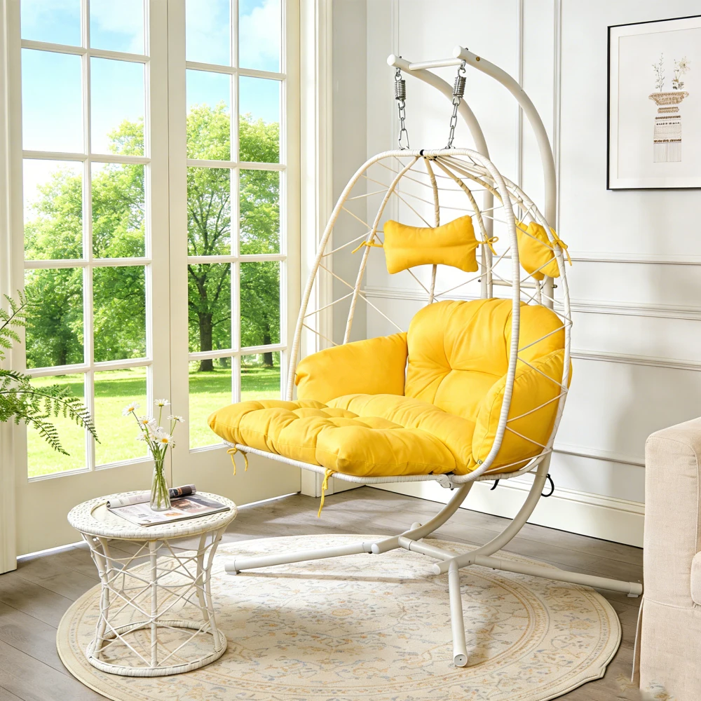 

2-Person Hanging Egg Chair with Stand: Double Outdoor Wicker Swing, Adjustable Footrest & Thickened Cushions for Patio/Garden/Ba