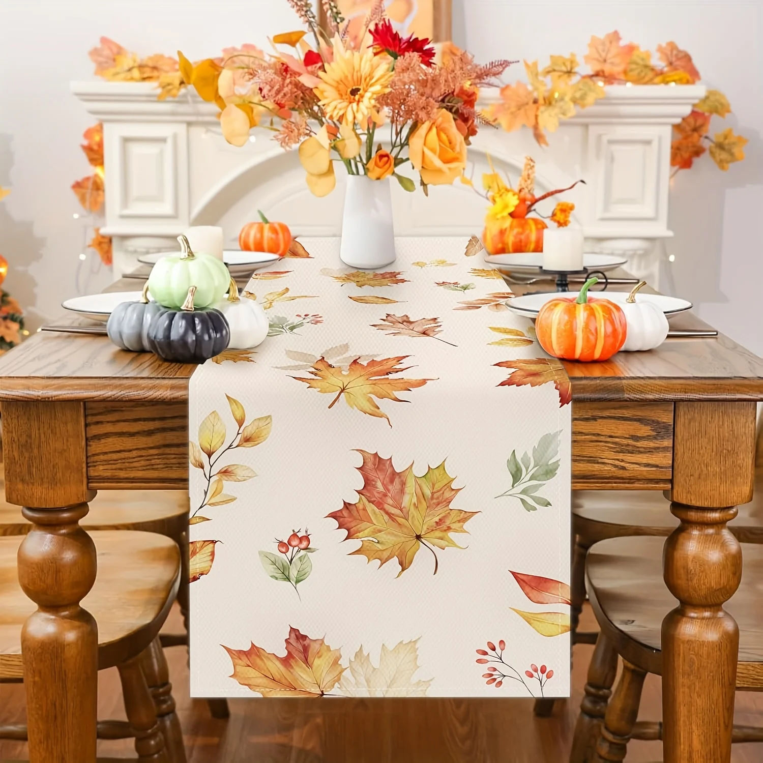 1 Piece of Autum Watercolor Leaf Table Runner, Painted Colorful Fallen Leaves, Berries, Suitable for Restaurant, Home, Picnic, Cafe, Autum Party Decoration.