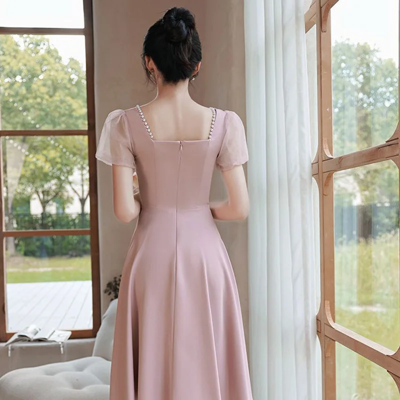 Pink satin Prom Dress Simple Pearl Beaded Square Collar Mesh Sleeve Engagement Gown A-Line Tea Length Girls Party Dresses