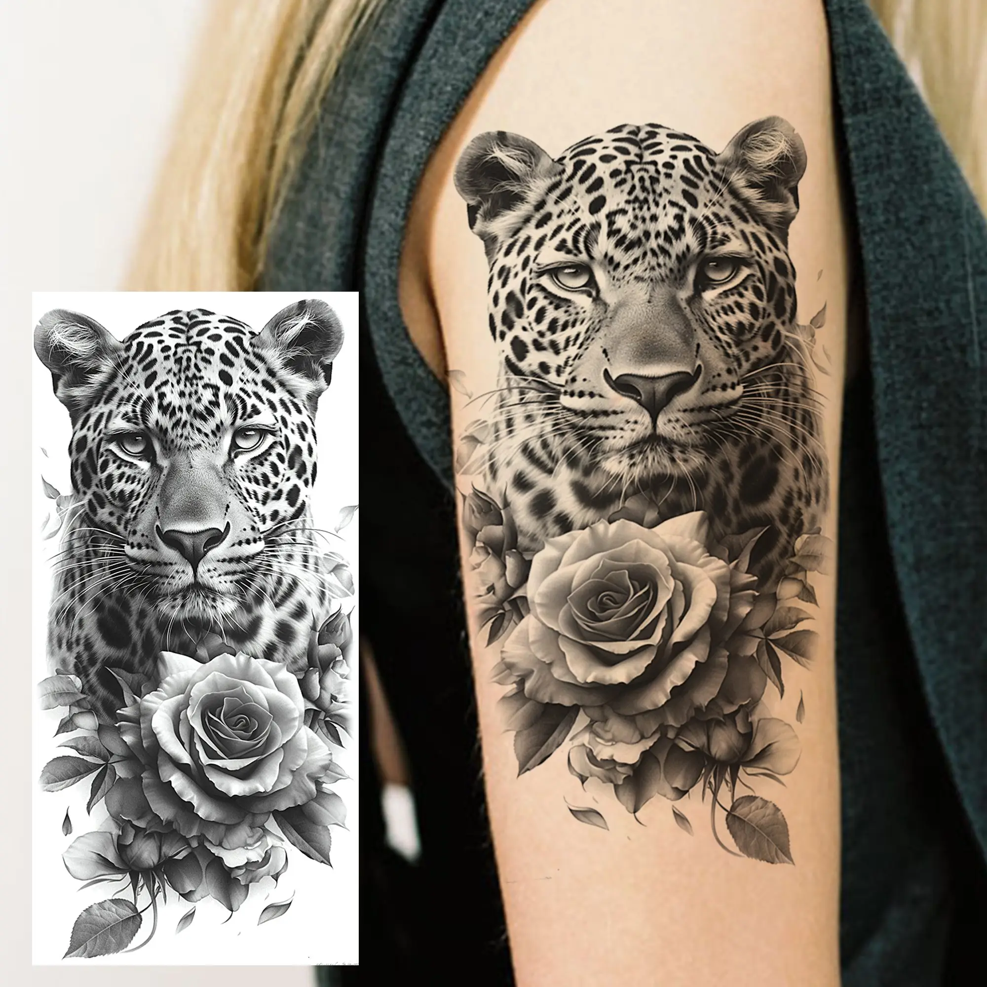 1 Sheet Leopard Lion With Rose Flowers Temporary Tattoos For Women Girls Waterproof Realistic Fake Tattoo Sticker Long Lasting 3