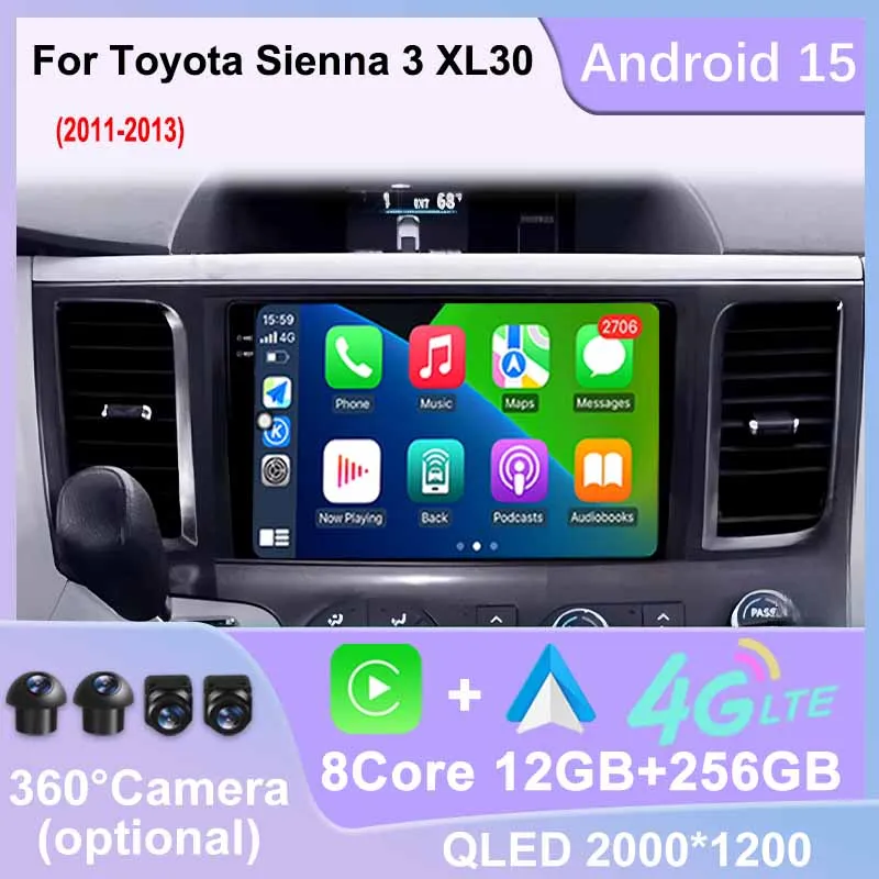 

For Toyota Sienna 3 XL30 2011-2013 Android 15 Car Radio Carplay Bluetooth Multimedia GPS Stereo Auto Video Player 4G WIFI DSP