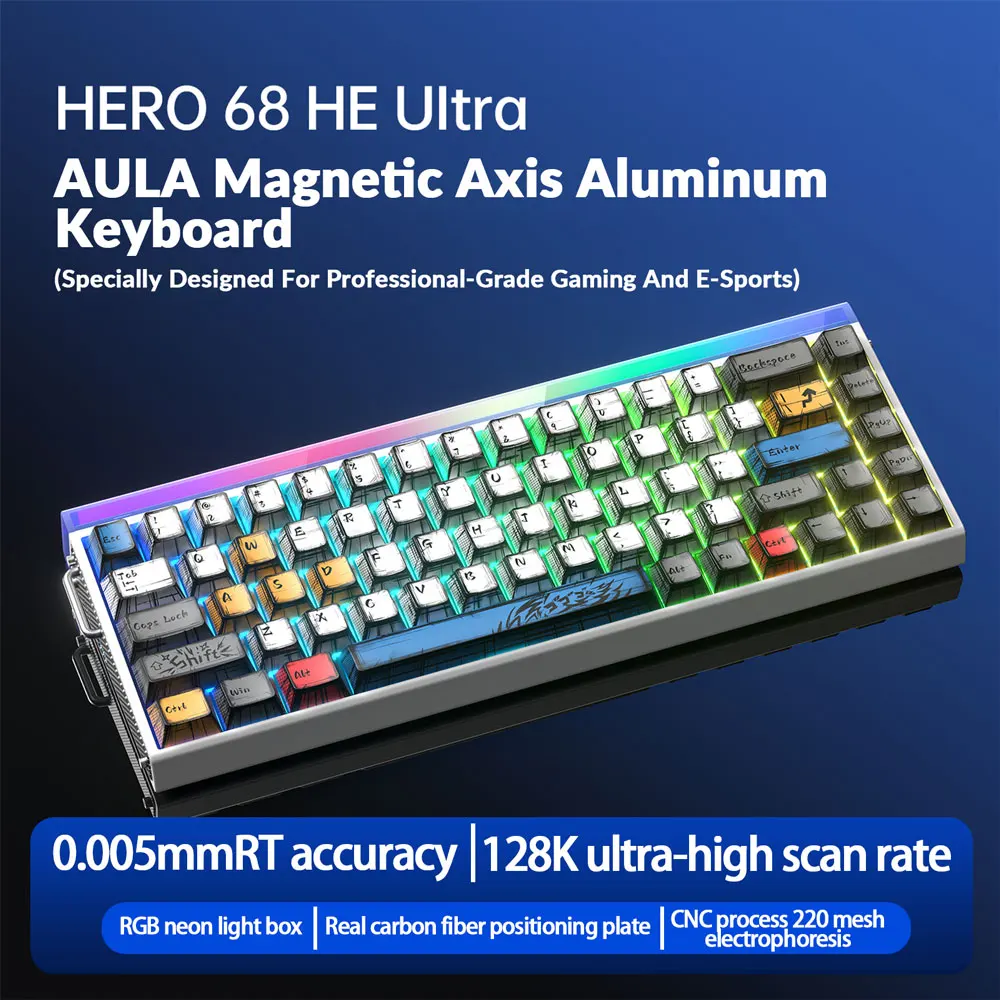 

AULA HERO68 HE Ultra/pro, игровая клавиатура с магнитным переключателем, алюминиевый корпус с ЧПУ, быстрый триггер, частота возврата 8 кГц, RGB