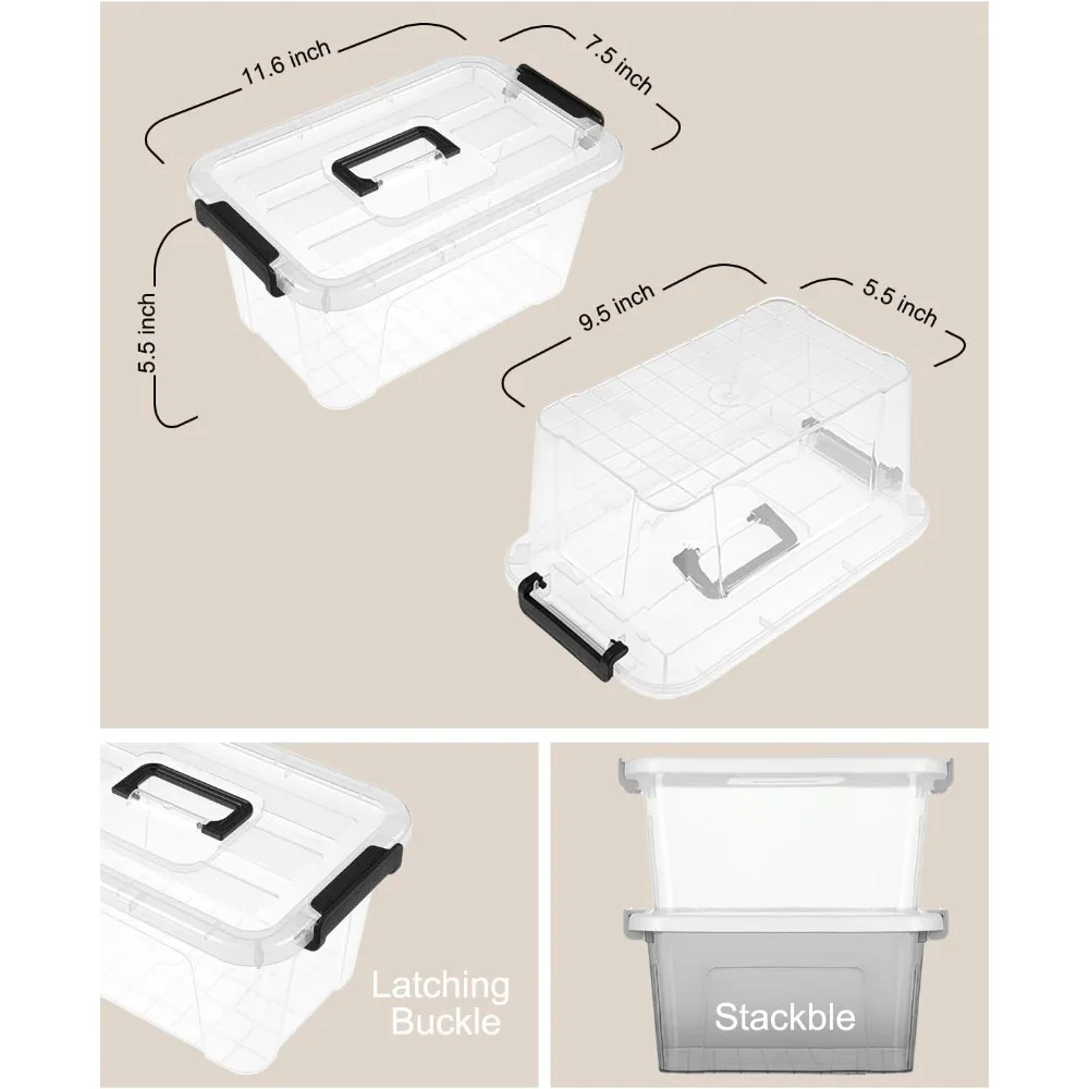 Caixas de armazenamento de plástico transparente com tampas, organizador empilhável para despensa de escritório doméstico, alça fácil e travas de fivela, pacote com 6