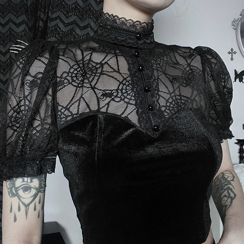 Summer new dark trend hot sexy slimming lace see through spiderweb Gothic Clothing Goth Crop Tops T Shirt For Women CF23024AH