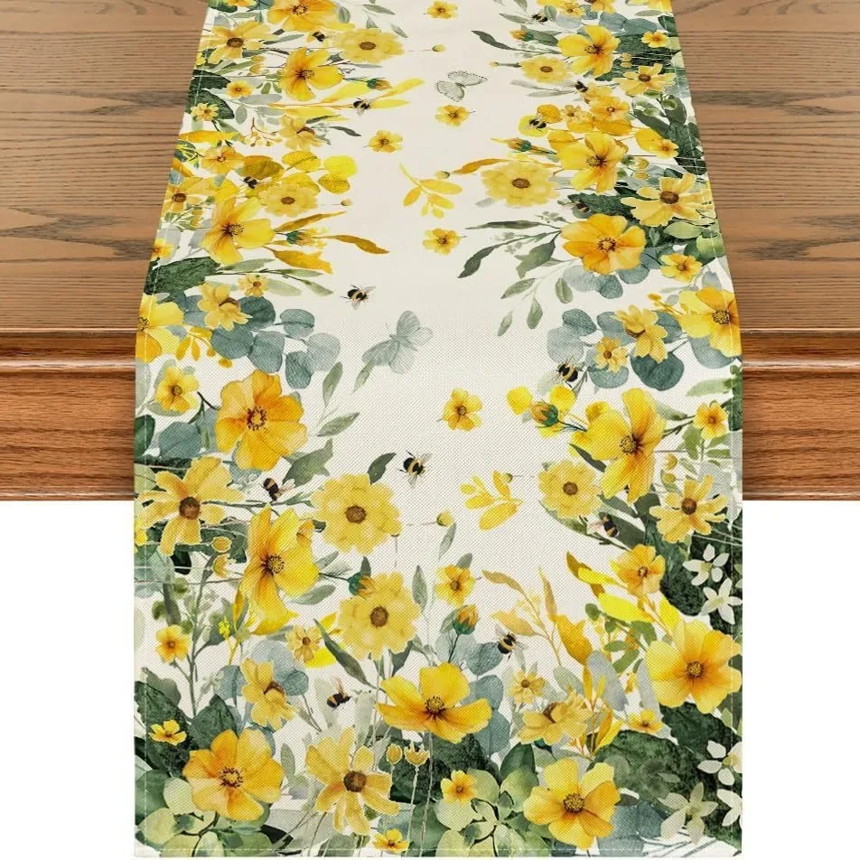 Leaf Table Runner Tropical Fern Leaves Linen Tablecloth Sage Green Botanical Sketch Summer Kitchen Dining Party Table Scarf