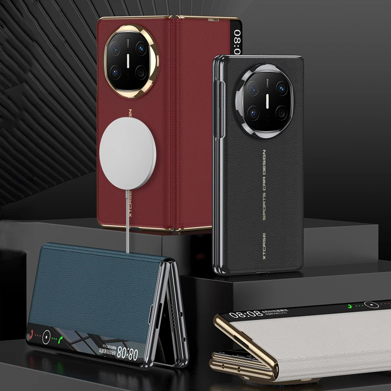 

Plating Frame Genuine Leather Wallet Phone Case For HUAWEI Mate X6 Smart Dormancy View Windows Cover With Built-in Magnetic Ring