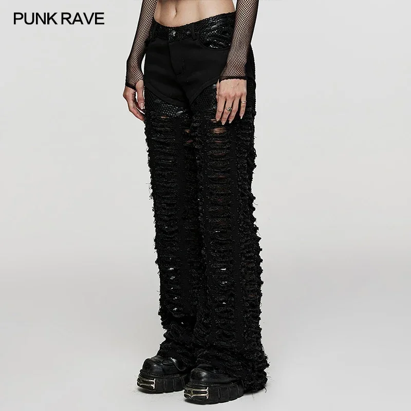 Imagem -02 - Punk Rave Twhere Mesh Calças Pretas Soltas para Mulheres Streetwear Rasgado Personalizado Calças Legais Bonito Punk Decadente